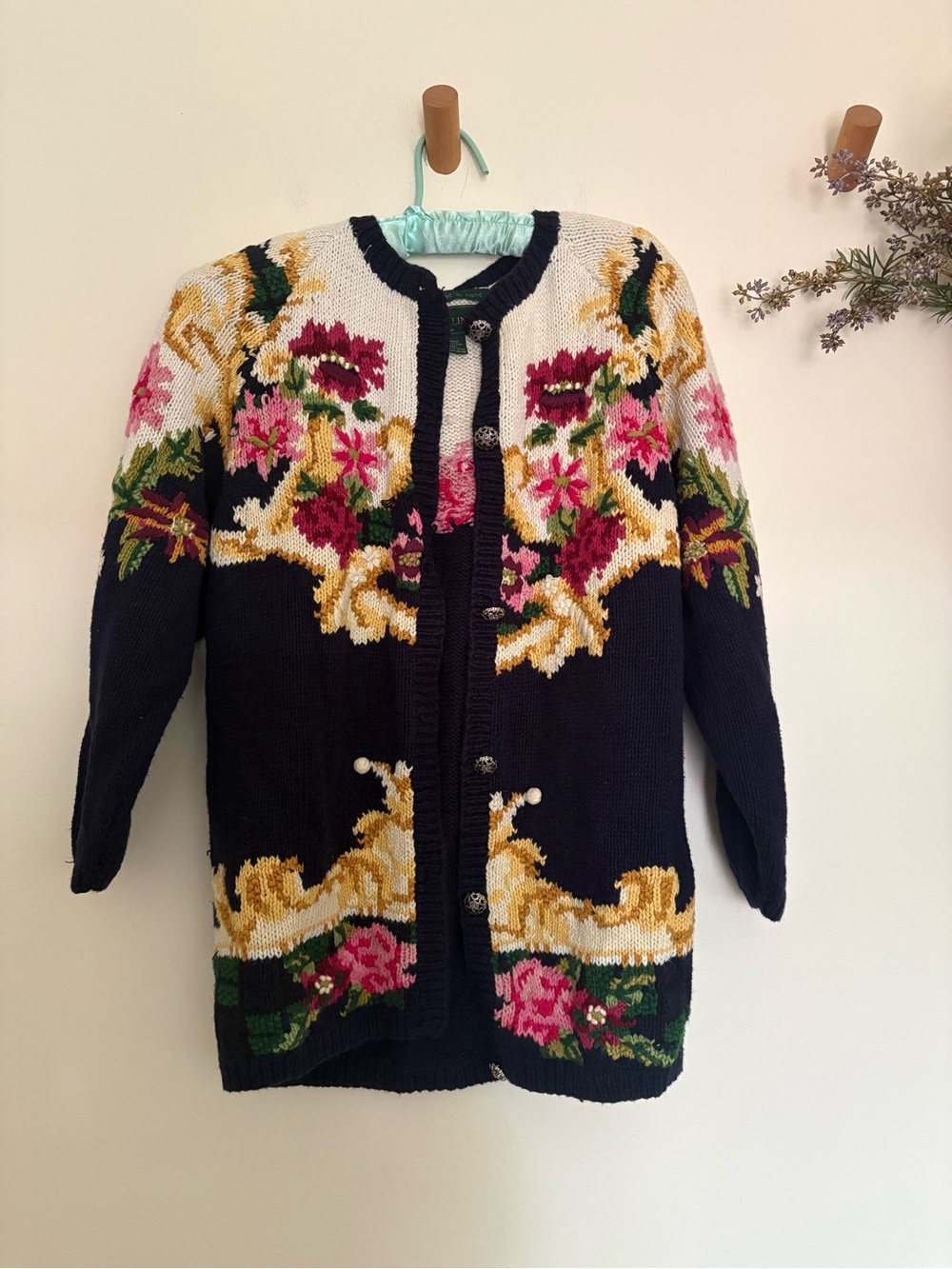 Vintage Floral Tapestry Knit Cardigan Sweater oversized medium